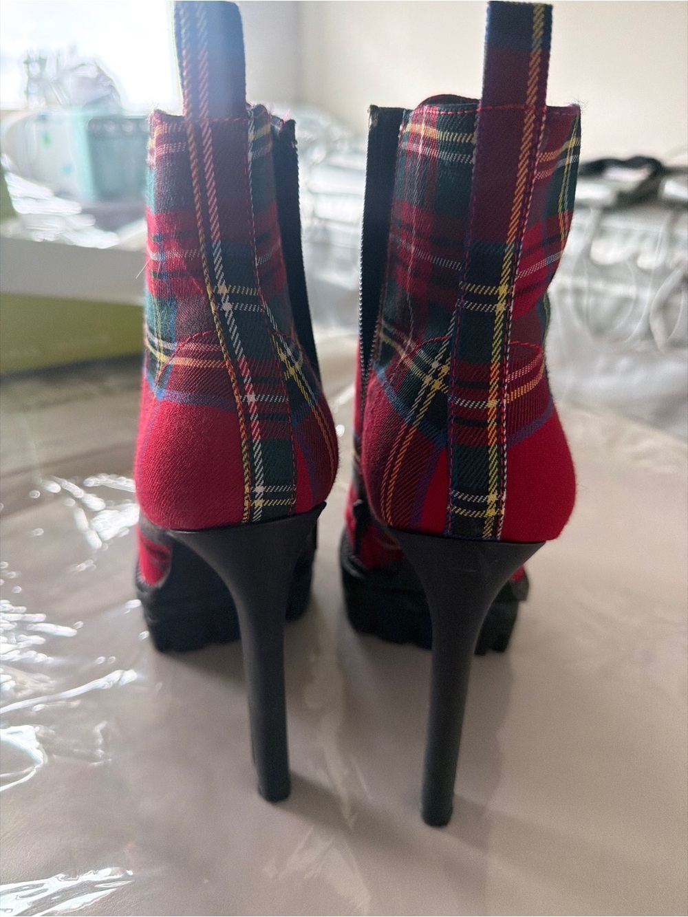 Gianni Bini Red Plaid Lace-Up High Heel Ankle Boots - Picture 2 of 4